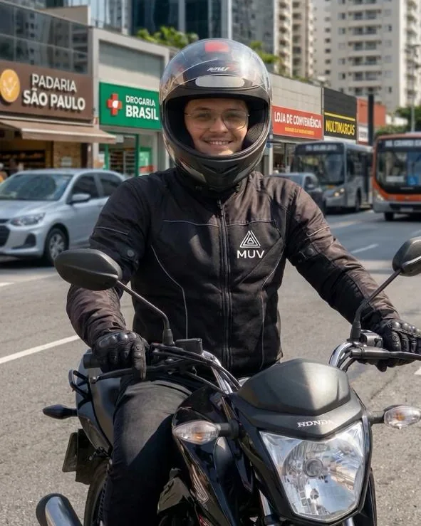 Motociclista da MUV de capacete e jaqueta com a logo, na moto, numa avenida da cidade