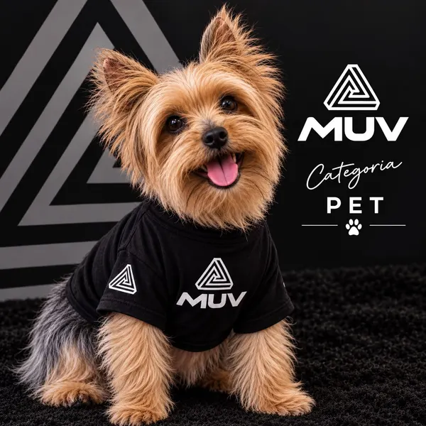 Yorkshire de camiseta da MUV, ao lado da logo MUV Categoria Pet