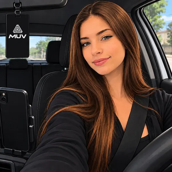 Motorista sorrindo ao volante, com o cartão da MUV pendurado no retrovisor