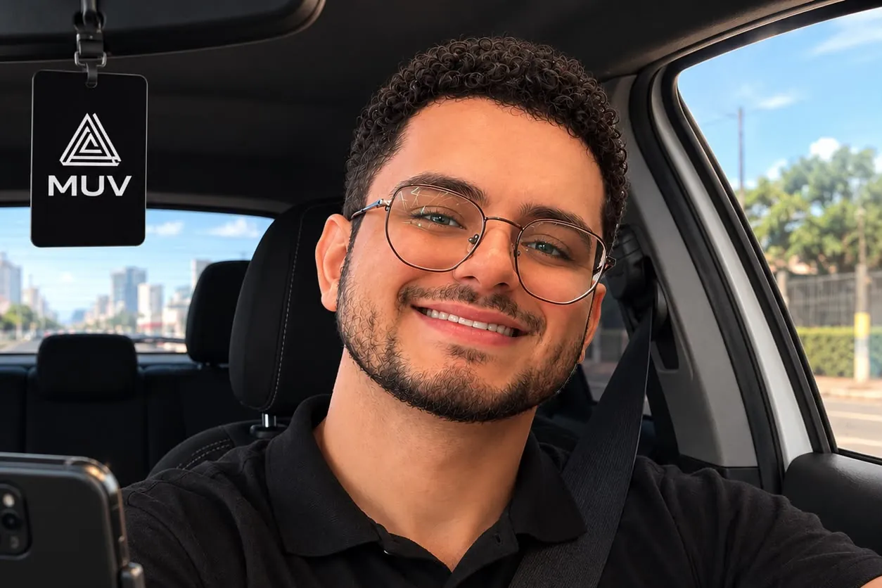 Motorista de óculos sorrindo ao volante, com o cartão da MUV pendurado no retrovisor